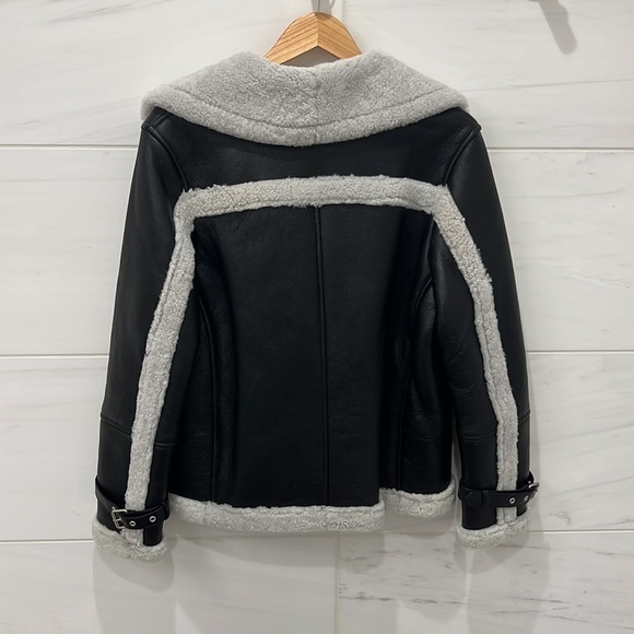 Muubaa London | NWT Black Leather Finish Button Front Shearling Jacket - Sz UK12 - Picture 8 of 12